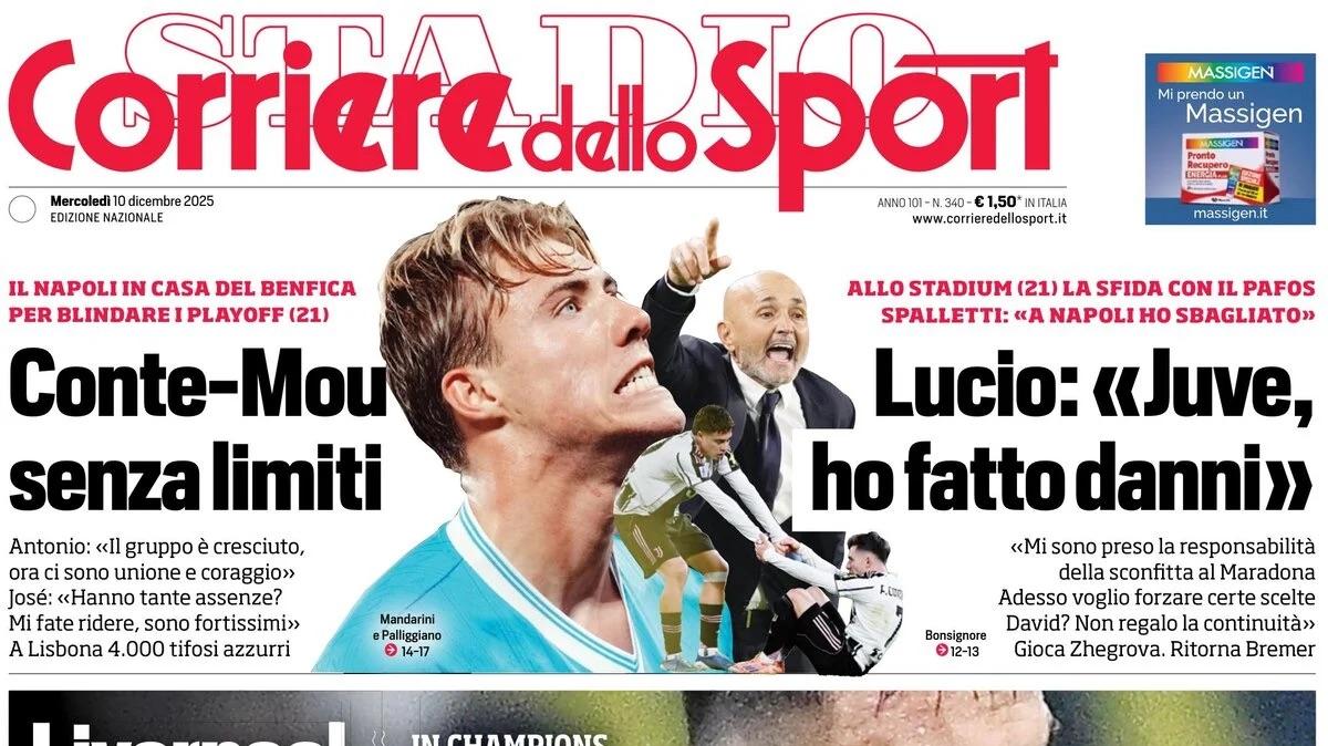 "Brutta botta l'Inter perde tre volte: partita, Calhanoglu e Acerbi", la prima pagina del Corriere dello Sport