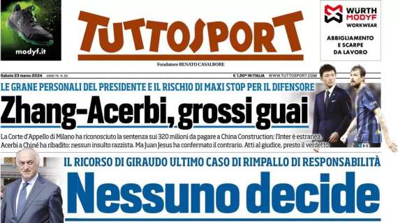 Zhang-Acerbi, grossi guai. La prima pagina di Tuttosport