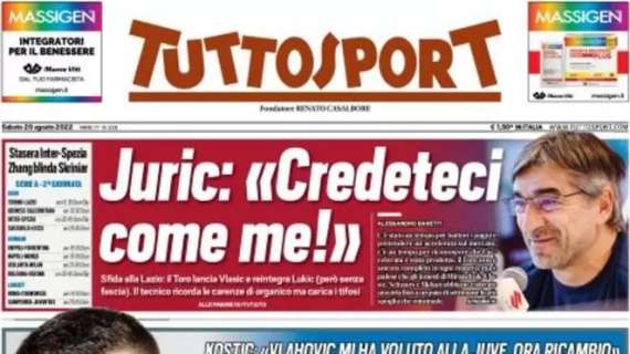 Tuttosport in prima pagina con Kostic: "Vlahovic, ti faccio segnare così". Ma è allarme Bonucci