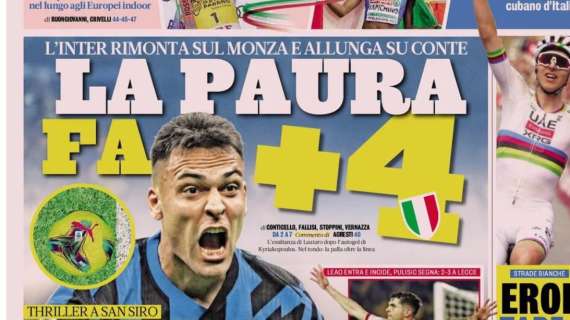 "La paura fa +4": la prima pagina de La Gazzetta dello Sport sull'Inter in vetta