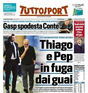 "In fuga dai guai": la prima pagina di Tuttosport che paragona Guardiola a Thiago Motta