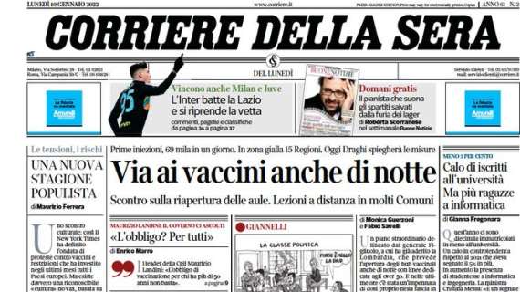 Il Corriere della Sera in apertura: "L'Inter batte la Lazio e si riprende la vetta"