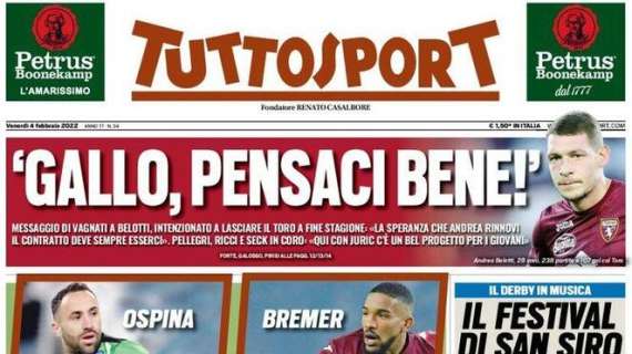 L'apertura di Tuttosport: "Il Derby di San Siro, il Festival in musica"