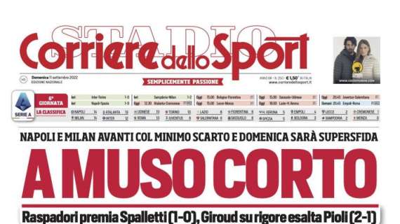 Brozovic salva l'Inter. L'apertura del Corriere dello Sport: "A muso corto"