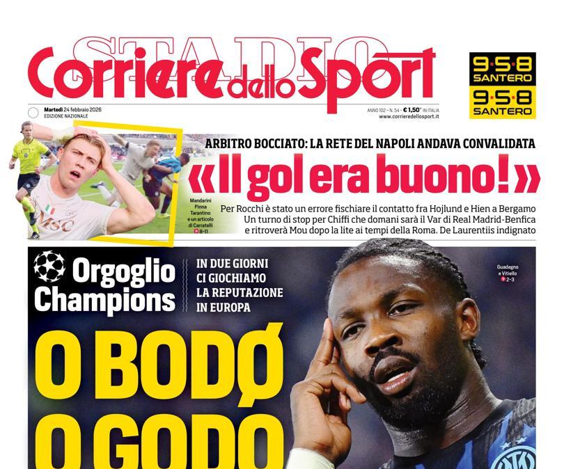 "O Bodo o godo. Inter per la rimonta: servono tre gol di scarto", la prima pagina del Corriere dello Sport
