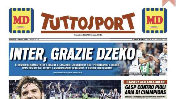 La prima pagina di Tuttosport: "Inter, grazie Dzeko. La rabbia degli emiliani"
