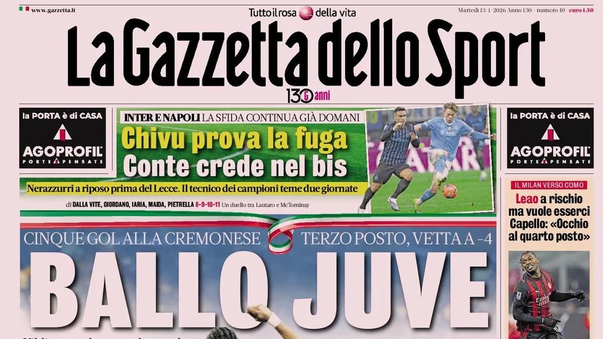 "Chivu prova la fuga, Conte crede nel bis. Ballo Juve, vetta a -4", la prima pagina de La Gazzetta dello Sport