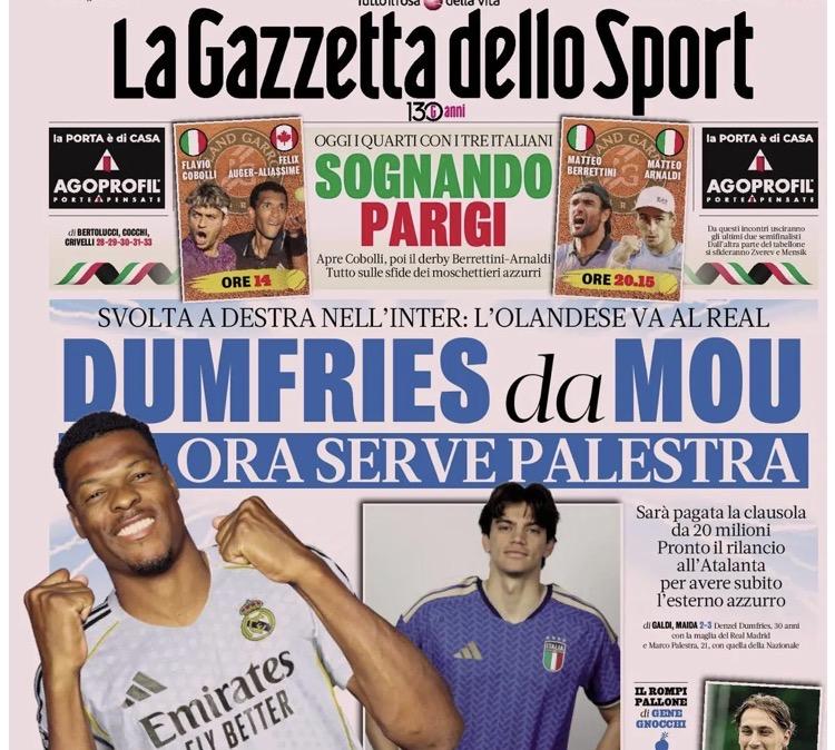 "Dumfries da Mou, ora serve Palestra": la prima pagina di Gazzetta dello Sport