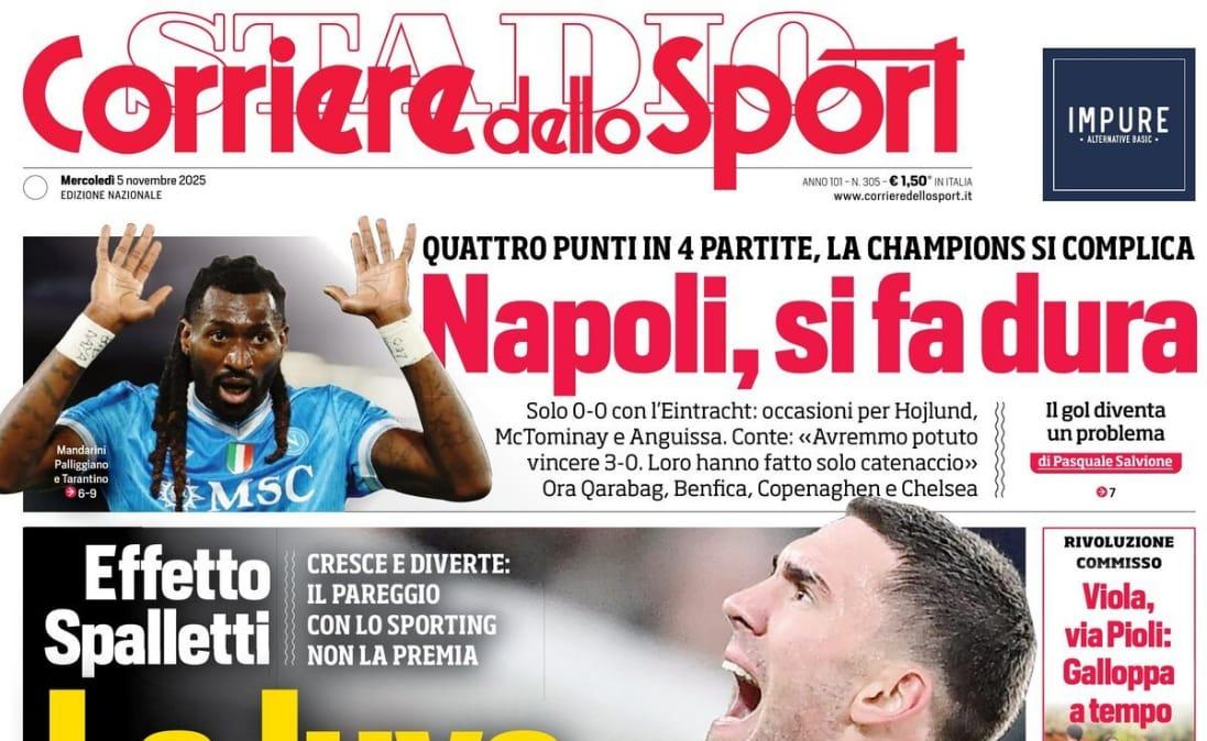 "Napoli, si fa dura. La Juve gioca. Inter, assalto al Kairat", la prima pagina del Corriere dello Sport