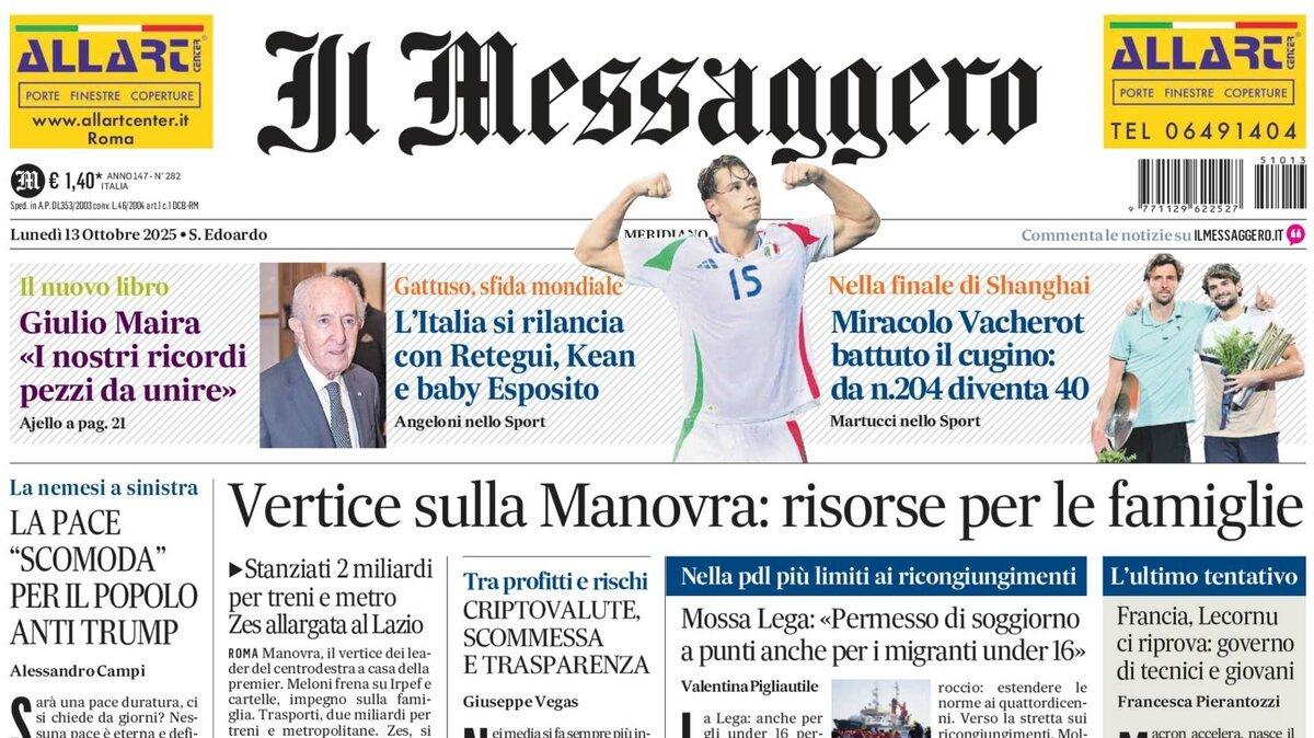 Il Messaggero in prima pagina: "Rilancio Italia con Retegui, Kean e baby Esposito"