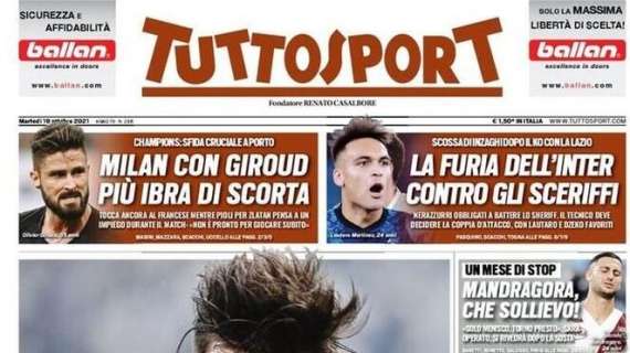 Tuttosport in prima pagina: "La furia dell'Inter contro gli Sceriffi"