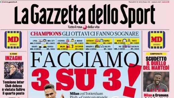 La prima pagina de La Gazzetta dello Sport: "Tensione Inter, club deluso: vietato fallire il 4 posto"