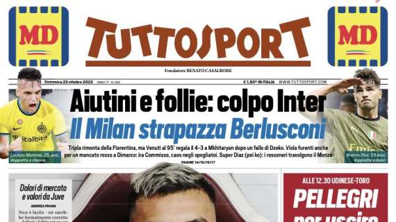 Tuttosport sul sabato di Serie A: "Aiutini e follie, colpo Inter. Il Milan strapazza Berlusconi"