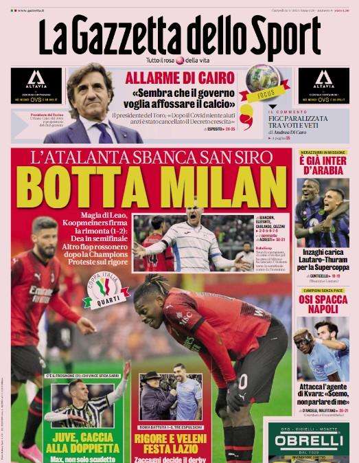 Inter, Inzaghi carica per la Supercoppa. Milan-Atalanta tutti contro il Var: le prime pagine dell'11 gennaio