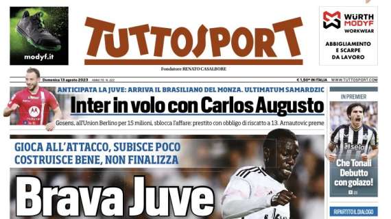 La prima pagina di Tuttosport: "L'Inter in volo con Carlos Augusto"