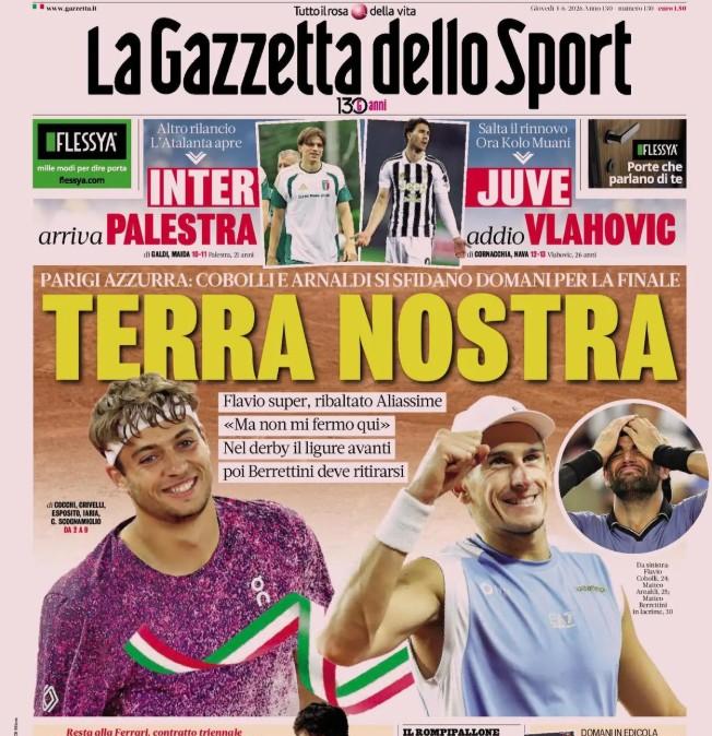 "Inter, arriva Palestra. Altro rilancio e l'Atalanta apre. Juve, addio Vlahovic", la prima pagina de La Gazzetta dello Sport