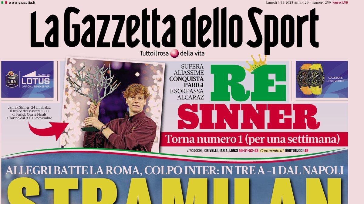 "Allegri batte la Roma, colpo Inter: in tre a -1 dal Napoli", la prima pagina de La Gazzetta dello Sport
