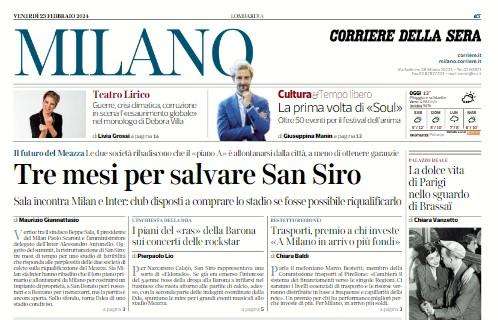 "Tre mesi per salvare San Siro": l'apertura del Corriere di Milano per Inter e Milan