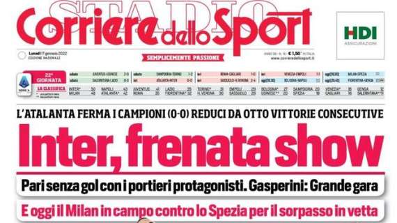 L'apertura del Corriere dello Sport: "Inter, frenata show"