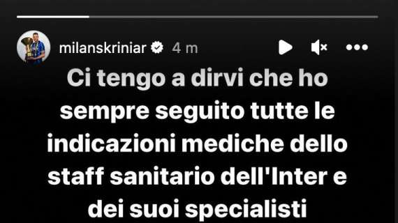 Skriniar puntualizza: "Ho sempre seguito le indicazioni dello staff medico dell'Inter"
