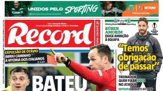 La prima pagina di Record: "Colpiti dal rosso. L'espulsione di Otavio apre alla vittoria dell'Inter"