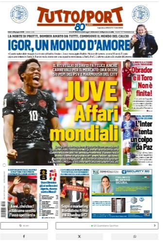 "Juve, affari Mondiali. L'Inter tenta un colpo da Paz": la prima pagina di TuttoSport