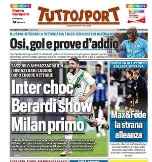 L'apertura di Tuttosport: "Inter choc, Berardi show: Milan primo". Sassuolo 'ammazzagrandi'