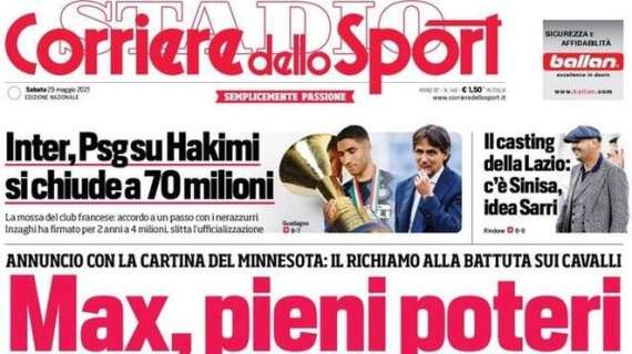 Il Corriere dello Sport in apertura: "Inter, PSG su Hakimi: si chiude a 70 milioni"