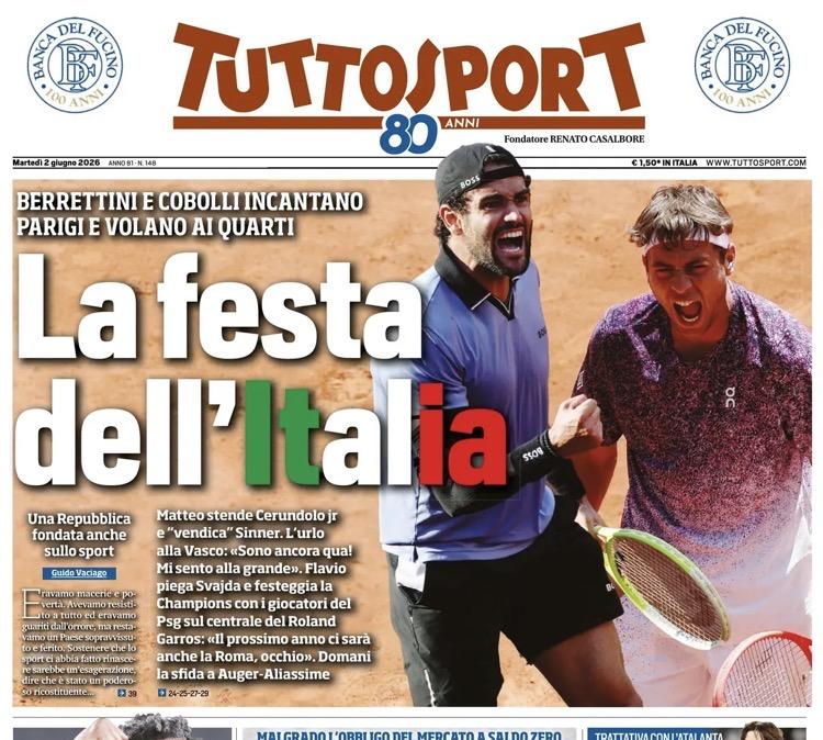 "La festa dell'Italia, Palestra parole a Inter, caos Milan" la prima pagina di Tuttosport