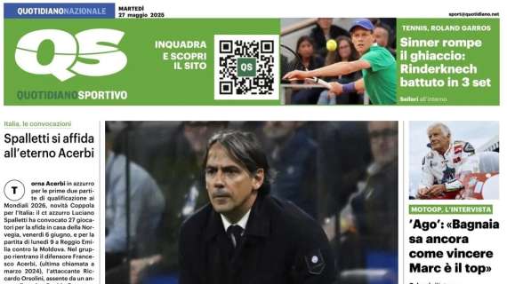 "L'ora di Inzaghi, futuro in mano. Spalletti si affida all'eterno Acerbi", la prima pagina del Quotidiano Sportivo