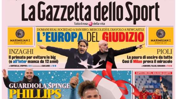 La Gazzetta in apertura: "L'Europa del giudizio". All'Inter il primato manca da 12 anni