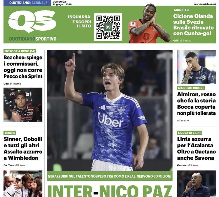 "Inter-Nico Paz nuovo sogno. Nerazzurri sul talento sospeso tra Como e Real", la prima pagina del Quotidiano Sportivo