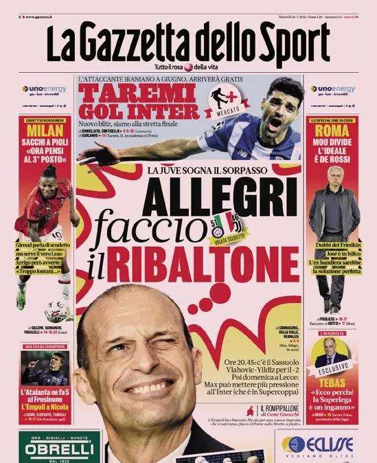 Inter, per giugno c'è Taremi. Inzaghi a Riyadh per il record: le prime pagine del 16 gennaio