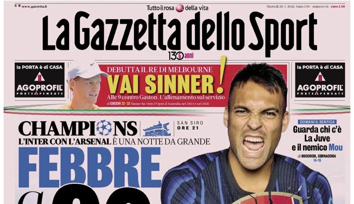 "Febbre a 90,Inter con l'Arsenal è un notte da grande, Napoli dentro o fuori", la prima pagina della Gazzetta dello Sport