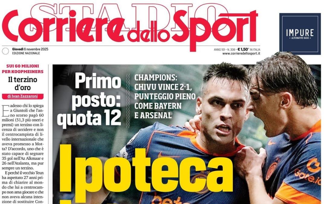 "Ipoteca Inter, batte anche il Kairat: ottavi vicini. Punteggio pieno come Bayern e Arsenal", la prima pagina del Corriere dello Sport