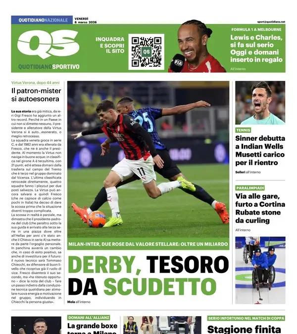 "Derby, tesoro da Scudetto! Due rose dal valore stellare...", la prima pagina del Quotidiano Sportivo