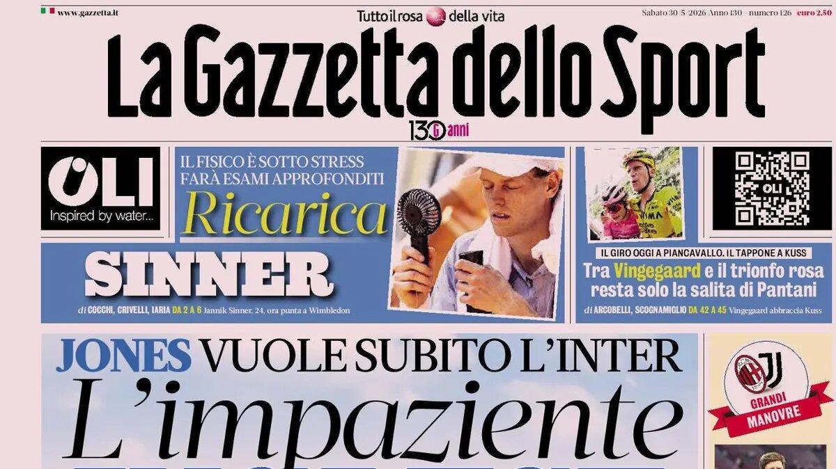 "L'impaziente inglese: Jones vuole subito l'Inter. Sarà il primo colpo dei campioni", la prima pagina de La Gazzetta dello Sport