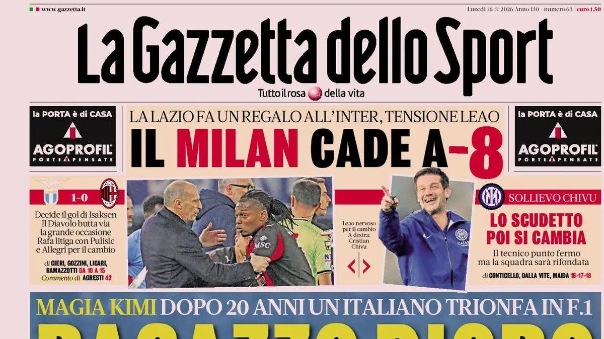 "Sollievo Chivu! Lo Scudetto, poi si cambia. Milan scivola a -8" , la prima pagina della Gazzetta dello Sport