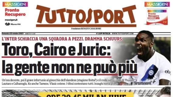 La prima pagina di Tuttosport: "L'Inter schiaccia una squadra a pezzi, la gente non ne può più"