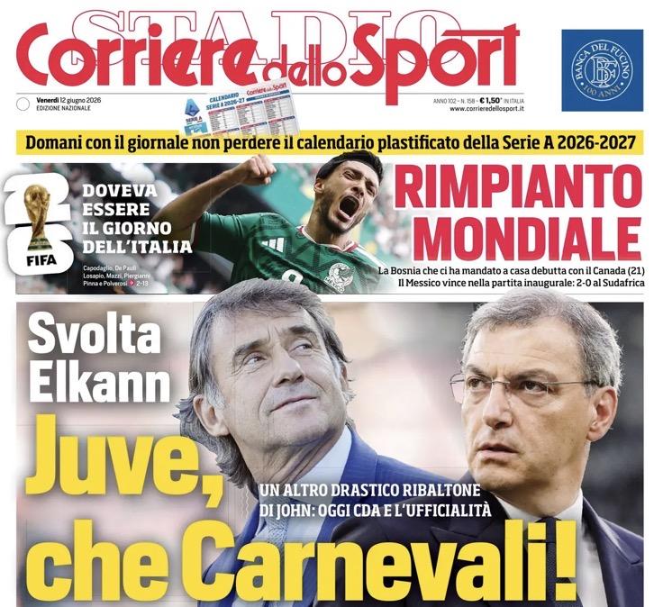 "Svolta Elkann. Juve, che Carnevali! Rimpianto Mondiale. Palestra deciso: vuole l'Inter": la prima pagina del Corriere dello Sport