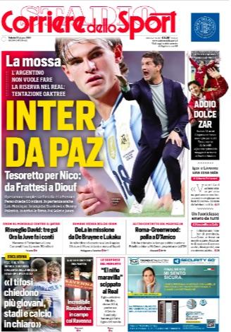 "Inter da Paz. Tesoretto per Nico: da Frattesi a Diouf": la prima pagina del Corriere dello Sport