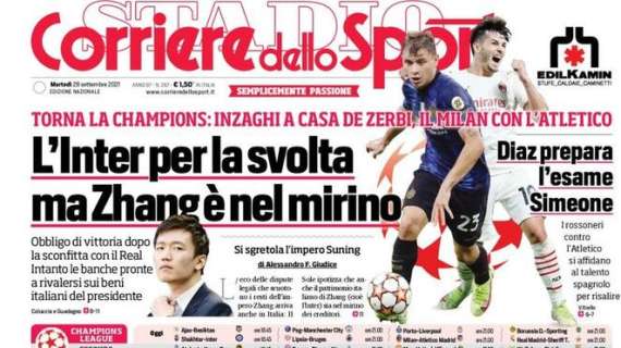 Il Corriere dello Sport in prima pagina: "L'Inter per la svolta, ma Zhang è nel mirino"