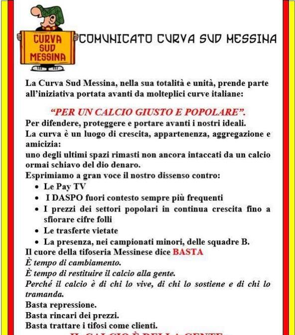  "Per un Calcio Giusto e Popolare": aderiscono Curva Sud e Gradinata Est 