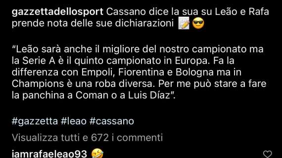 Leao risponde con un emoji alle dichiarazioni di Cassano