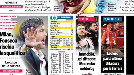 Il CorSport in prima pagina: "Milan, Fonseca rischia la squalifica"