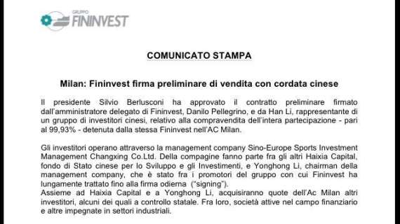 COMUNICATO: Milan, Fininvest firma preliminare di vendita con cordata cinese