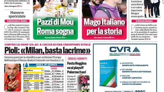 Le parole di Pioli in prima pagina sul CorSport: "Milan, basta lacrime"
