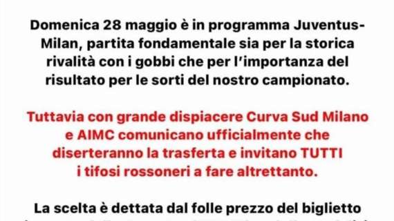 Curva Sud e AIMC, niente trasferta in casa della Juventus: i tifosi protestano contro il prezzo esagerato dei biglietti per il settore ospiti