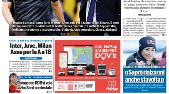 Tuttosport in prima pagina: “Inter, Juve e Milan: asse per la A a 18”