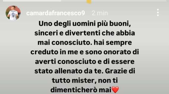 Camarda ricorda Tino Borneo: "Hai sempre creduto in me. Grazie di tutto mister, non ti dimenticherò mai"
